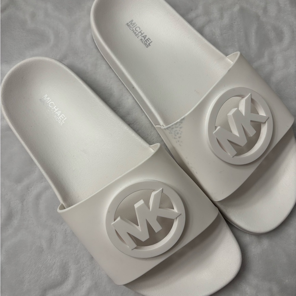 Michael Kors White Logo Slide Sandals with MK Emblem